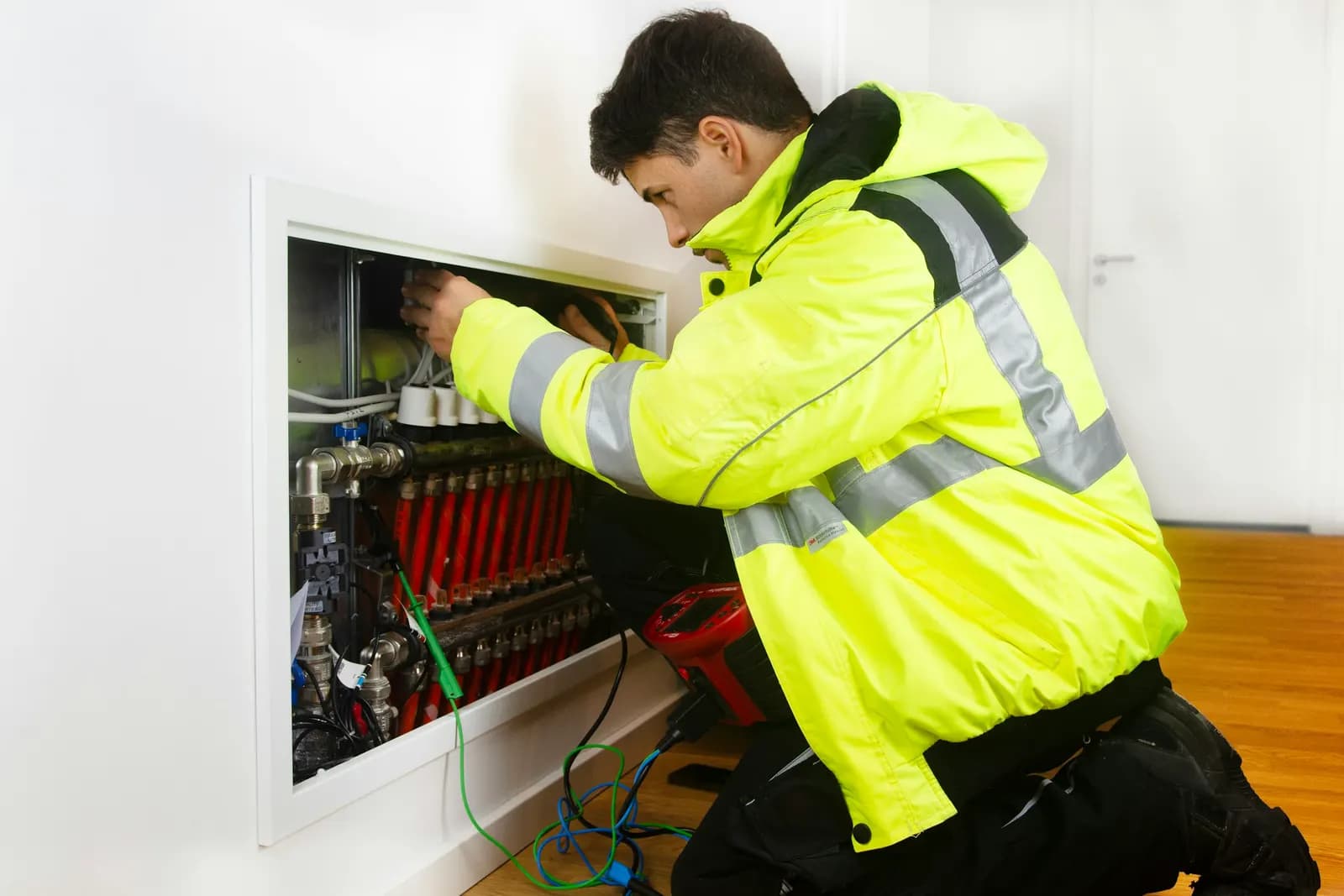 Técnico revisando el colector de una instalación de calefacción y agua caliente